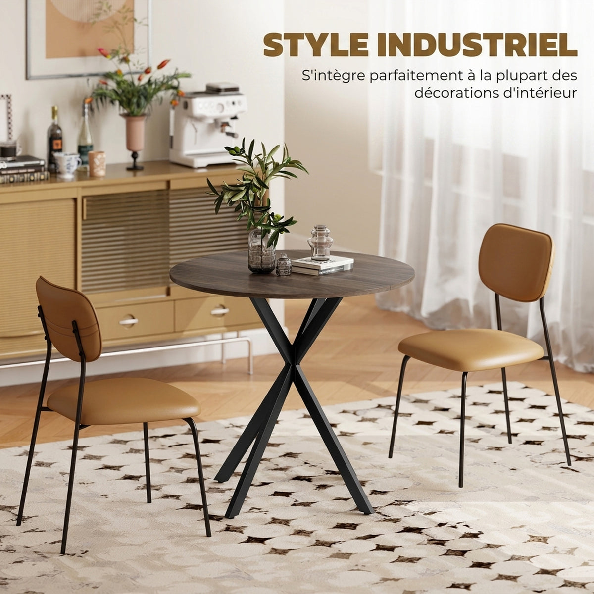 Table à Manger Ronde pour 2 Personnes avec Plateau Aspect Bois et Piètement Croisé en Acier, Marron-4