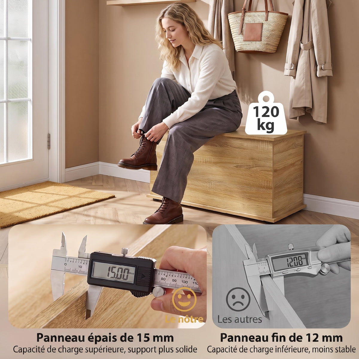 Coffre de Rangement, Banc de Rangement avec Couvercle Rabattable et Charnières de Sécurité, 80 x 40 x 45 cm, Naturel-5