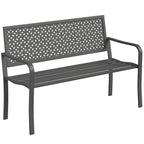 Banc d'extérieur en métal, 2 places, avec dossier géométrique antirouille et accoudoirs, gris foncé-0