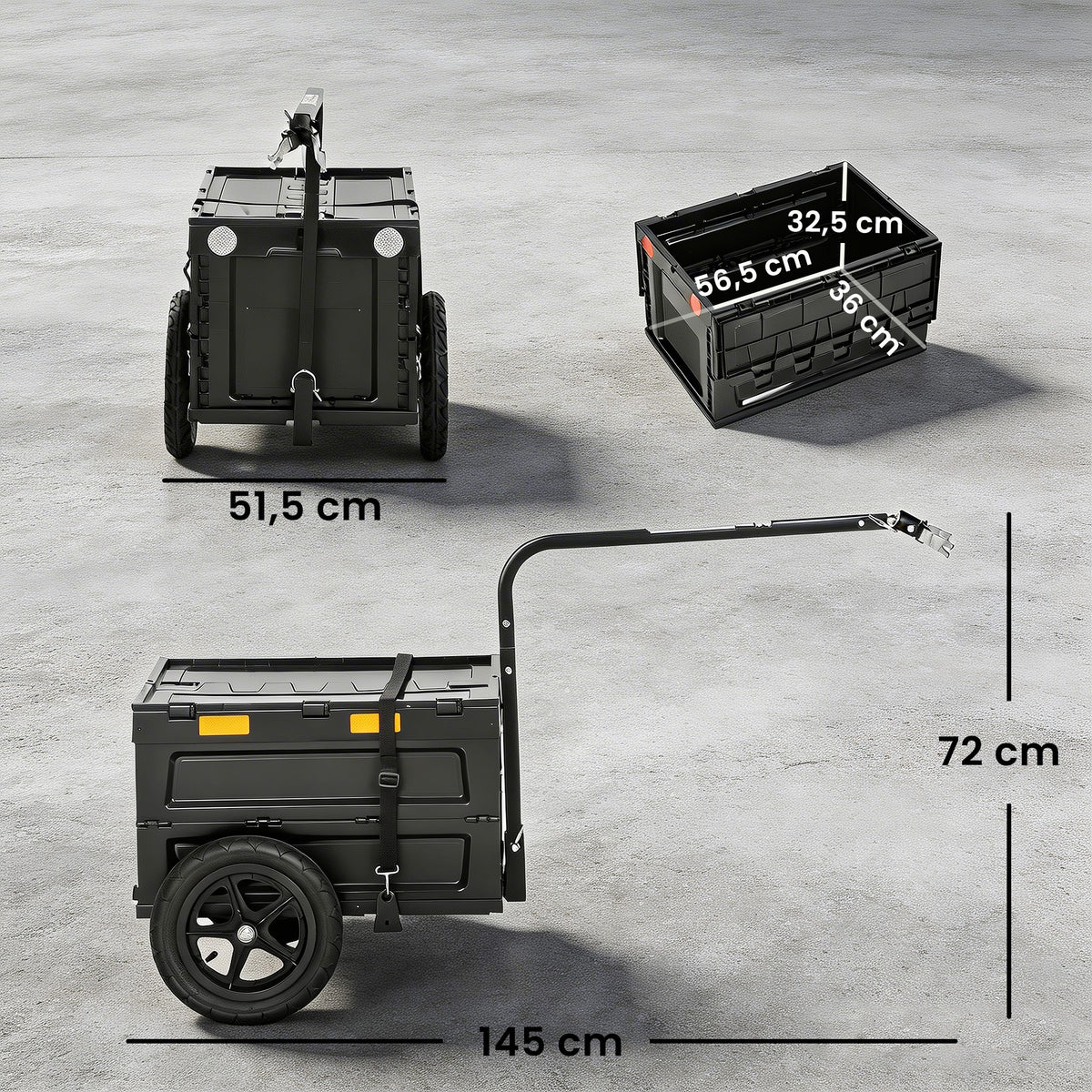 Remorque Vélo Cargo Chariot de Transport Pliable Caisse Plastique 65L Couvercle Dégagement Rapide 145x51,5x72cm Noir-2