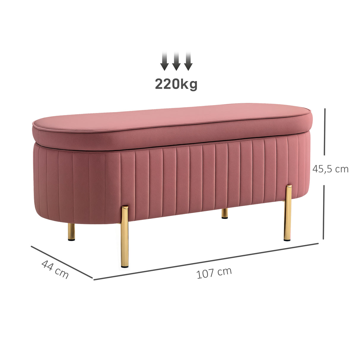 Banc de rangement, bout de lit en velours avec couvercle, pieds en métal, capacité 72 L, 107x42x45,5cm, rose-2