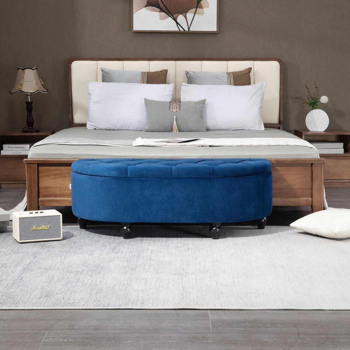 Pouf de Rangement Coffre 2 en 1 - Pouf capitonné Demi-Cercle - Pieds Bois hévéa Noir revêtement Velours Bleu-8