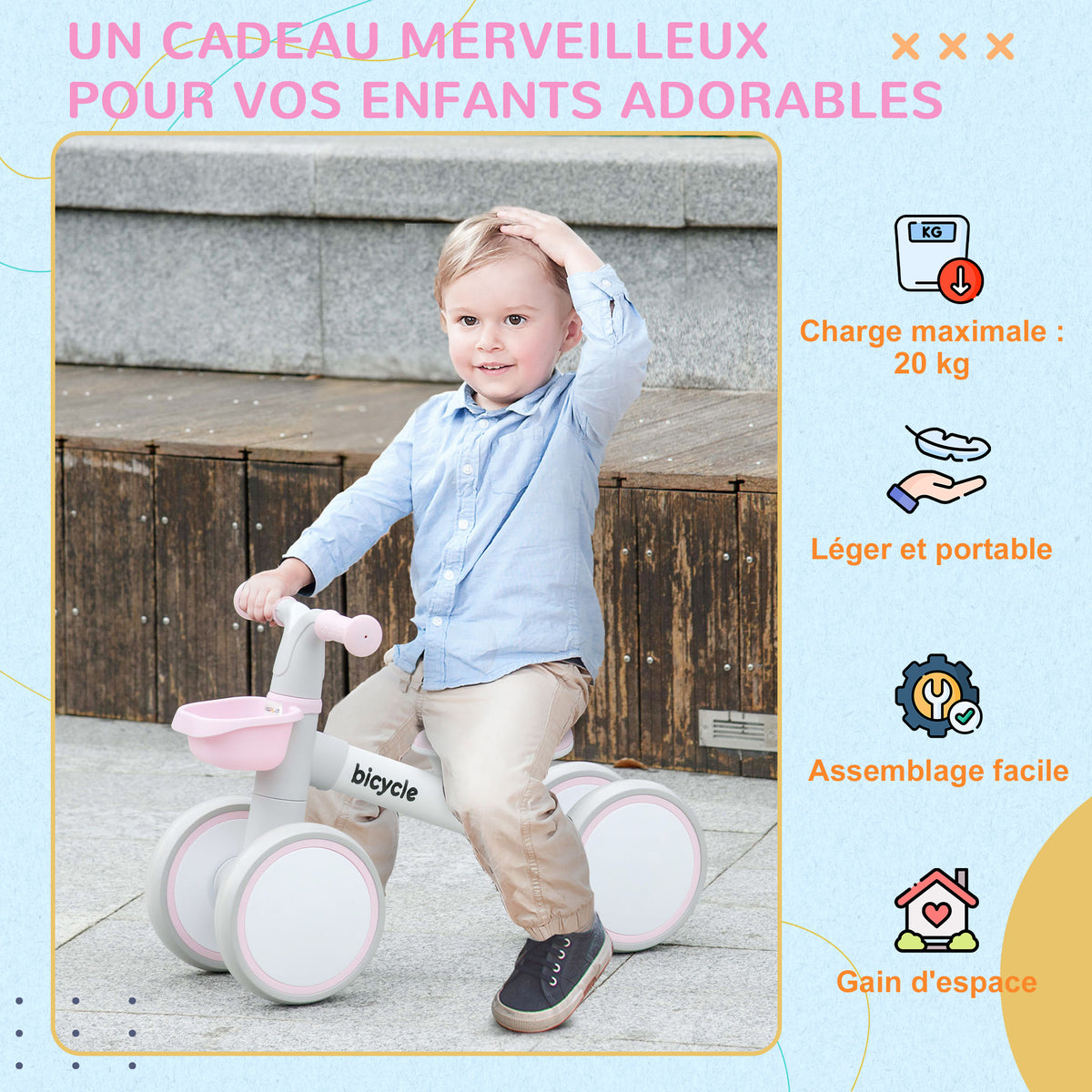 Draisienne vélo Enfant 4 roues selle réglable, guidon ergonomique alliage alu. PP, enfant 1 à 3 ans - Gris Blanc Rose-7