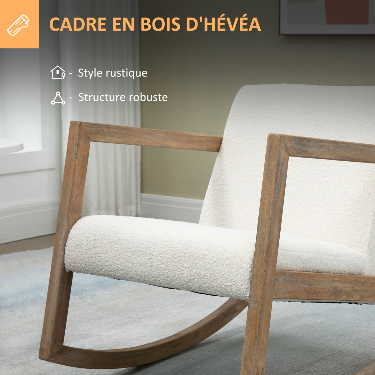 Fauteuil à bascule fauteuil allaitement rocking chair en tissu effet laine bouclée avec pieds en bois massif-5