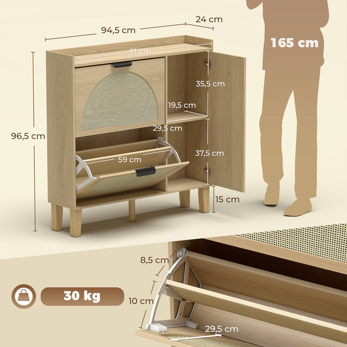 Meuble à Chaussures 10 Paires, Armoire à Chaussures, Porte en Miroir, 2 Tiroirs Rabattables et Étagères Réglables, Chêne-2