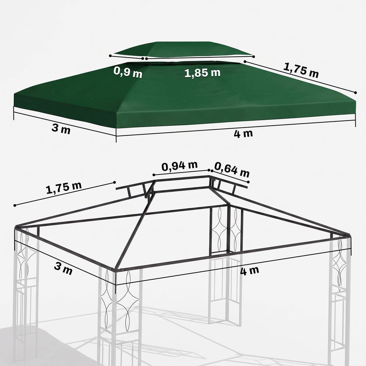 Toile de rechange pour pavillon tonnelle tente 3 x 4 m polyester haute densité 180 g/m² vert-2