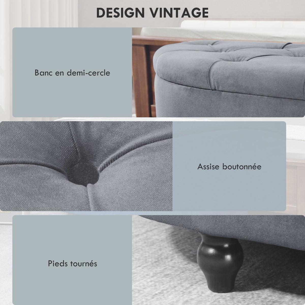 Pouf de Rangement Coffre 2 en 1 - Pouf capitonné Demi-Cercle - Pieds Bois hévéa Noir revêtement Velours Bleu-5