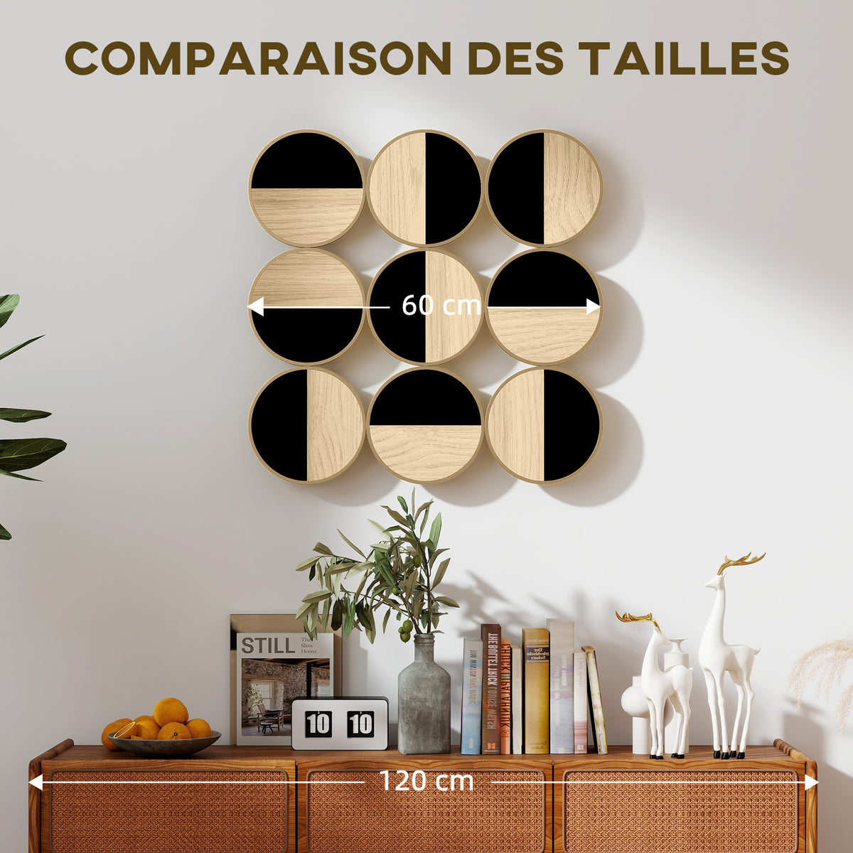 Décoration murale en métal, sculpture murale en métal, design unique à plusieurs disques, 60 x 60 cm, naturel et noir-6