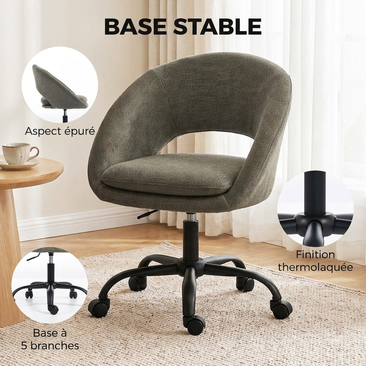 Chaise Bureau Ergonomique en Chenille, Hauteur Réglable, Accoudoirs Intégrés, Pivotant 360°, 59x60x79-89cm, Vert Foncé-6