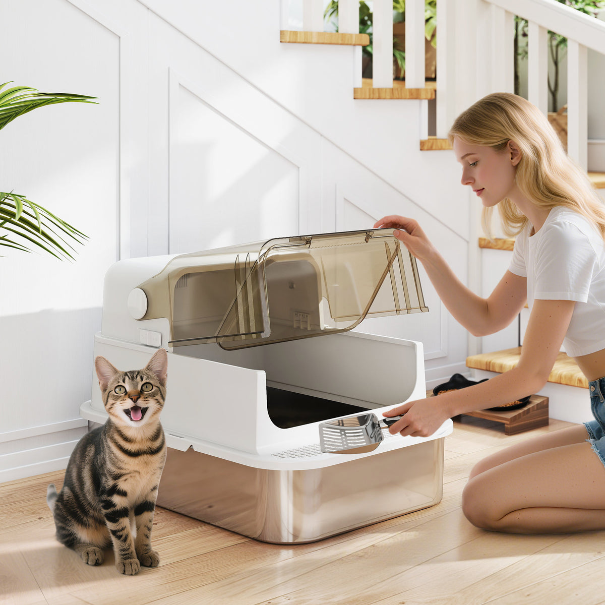Bac à litière pour chat fermé en acier inoxydable, maison de toilette pour chat avec pelle, 70 x 50 x 46,5 cm, blanc-1