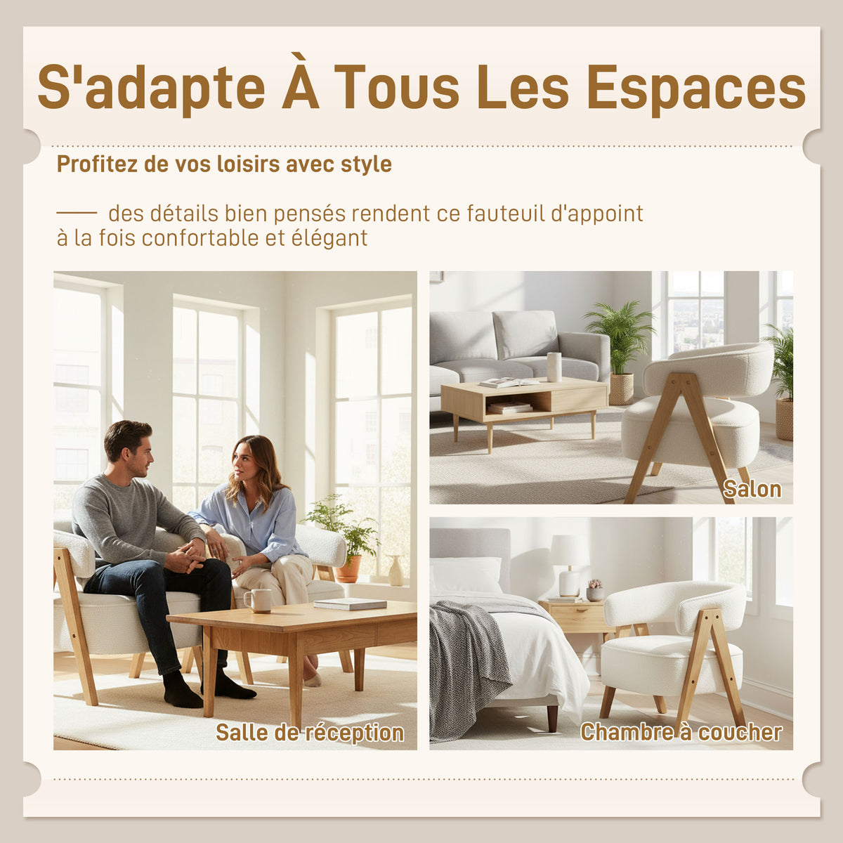 Fauteuil de salon en tissu bouclette, chaise rembourrée, assise large, dossier ergonomique, 70 x 64 x 71 cm, blanc-5