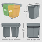 Poubelle cuisine, poubelle sous évier coulissante encastrable avec 2 x 20 L compartiments amovibles, 52x33,5x41cm, gris-2