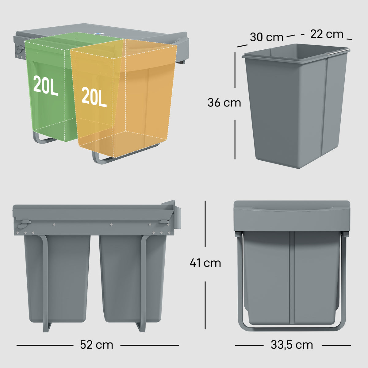 Poubelle cuisine, poubelle sous évier coulissante encastrable avec 2 x 20 L compartiments amovibles, 52x33,5x41cm, gris-2