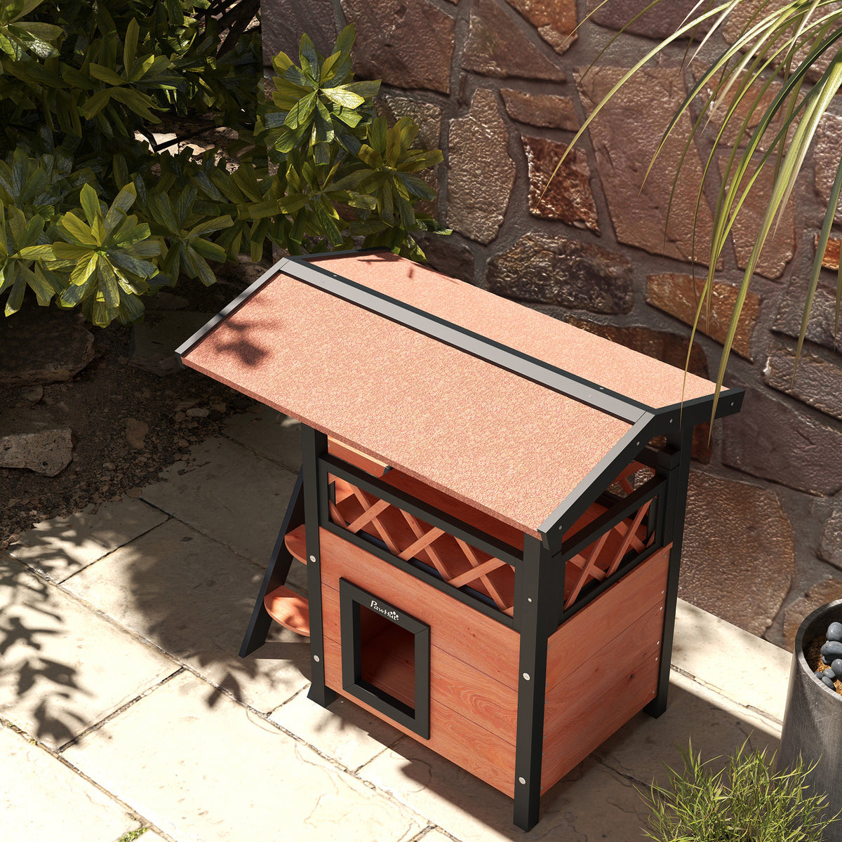 Cabane Chat Extérieur avec Terrasse, Escalier, Toit, Niche Villa, 77 x 50 x 73 cm Marron et Rouge-8