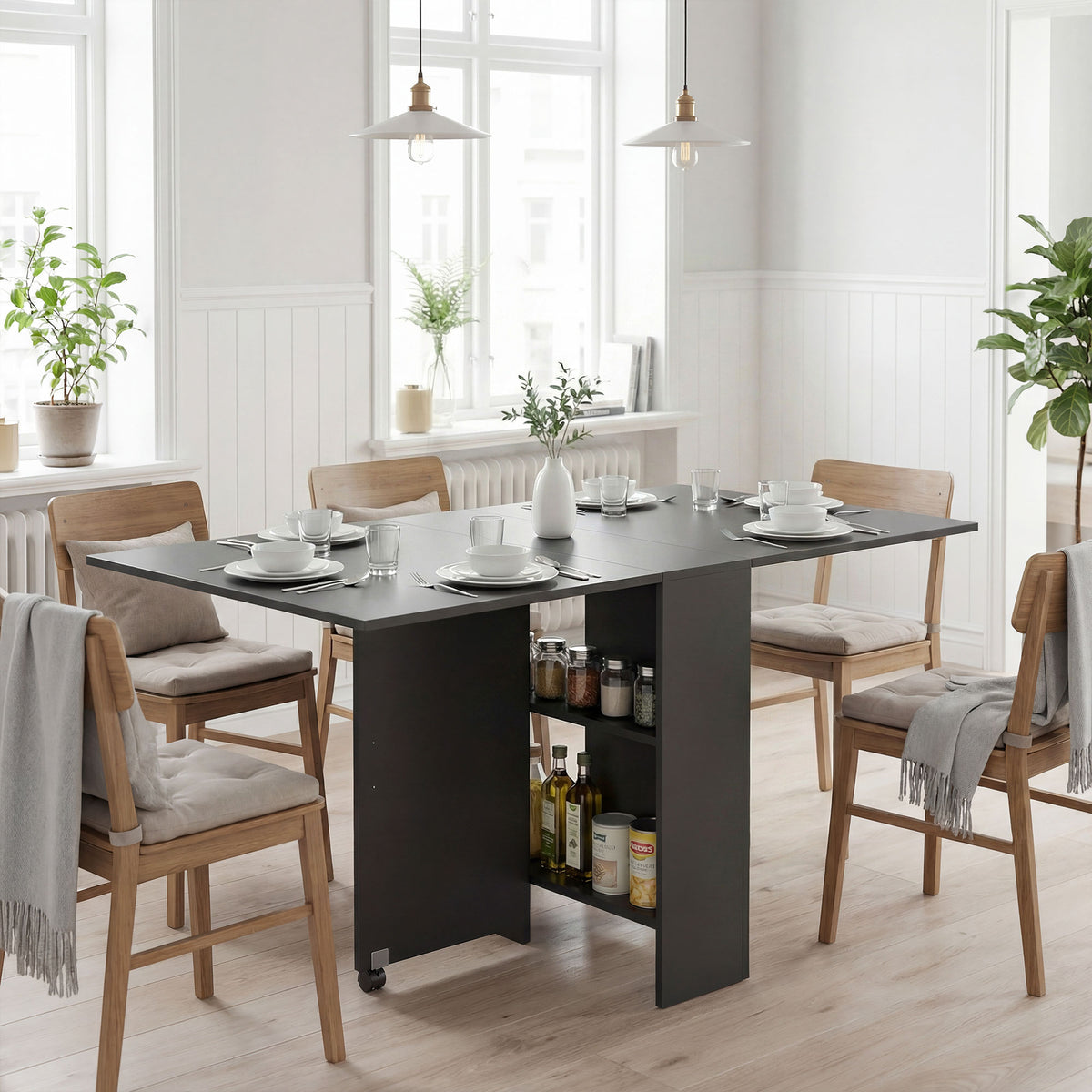 Table pliante de cuisine salle à manger amovible sur roulettes 75 x 140 x 74 cm coloris noir-1
