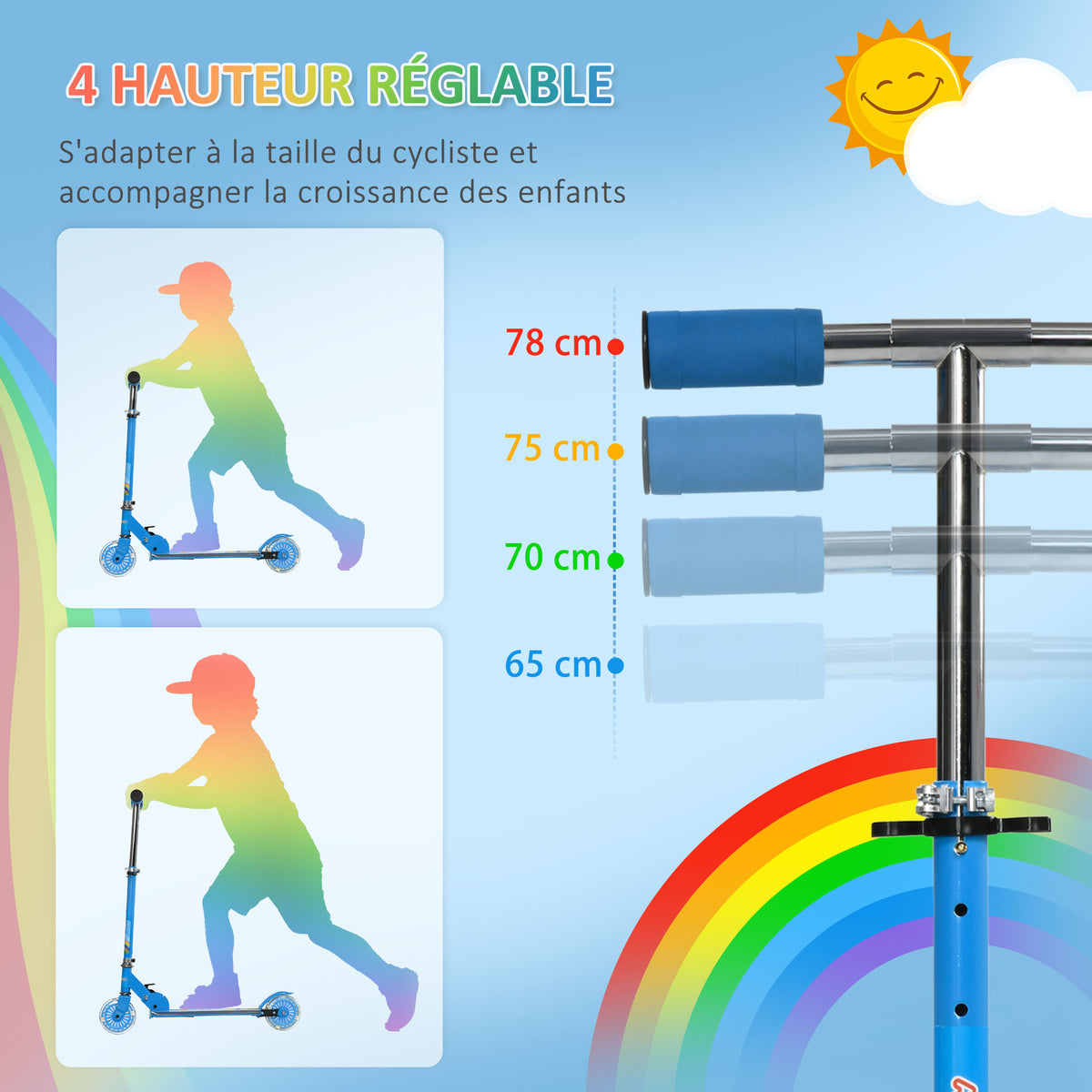 Trottinette pour enfants de 3 à 7 ans pliable roues lumineuses en PU musique 67 x 32 x 78 cm bleu-4