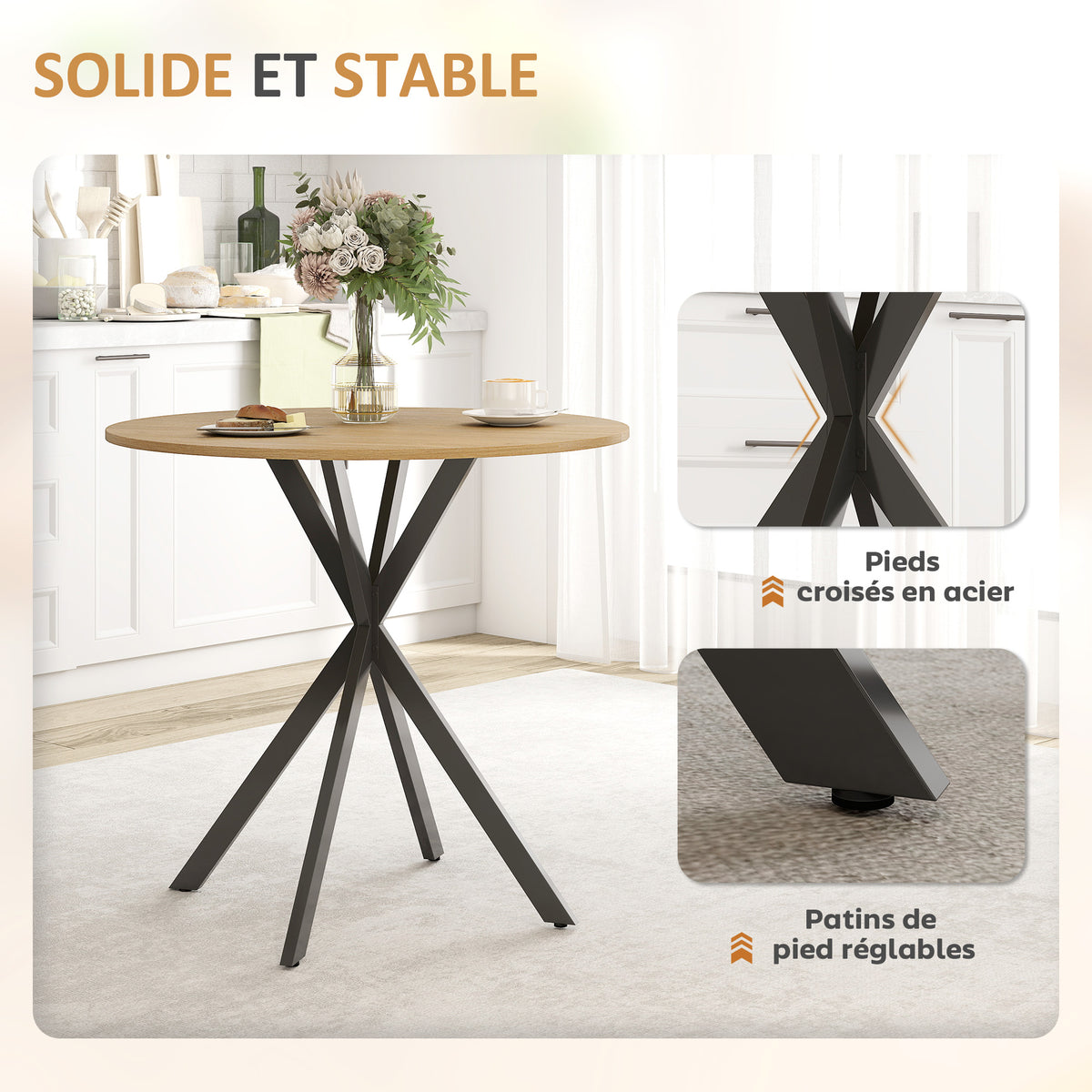 Table à manger ronde pour 2 personnes avec plateau aspect bois et piètement croisé en acier, blanc chêne-5