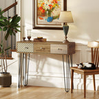Table console avec 3 tiroirs, table d'entrée étroite avec pieds en épingle à cheveux en acier, 90 x 30 x 75 cm, marron-1