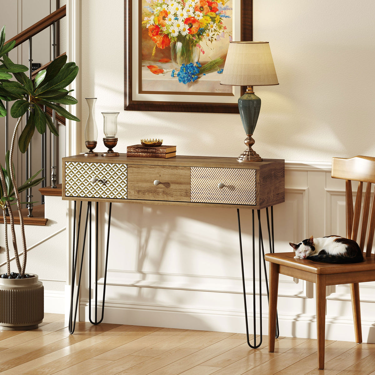 Table console avec 3 tiroirs, table d'entrée étroite avec pieds en épingle à cheveux en acier, 90 x 30 x 75 cm, marron-1