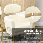 Fauteuil salon avec appuie-tête amovible, fauteuil crapaud en peluche teddy, pieds en métal, 71 x 65 x 90 cm, crème-3