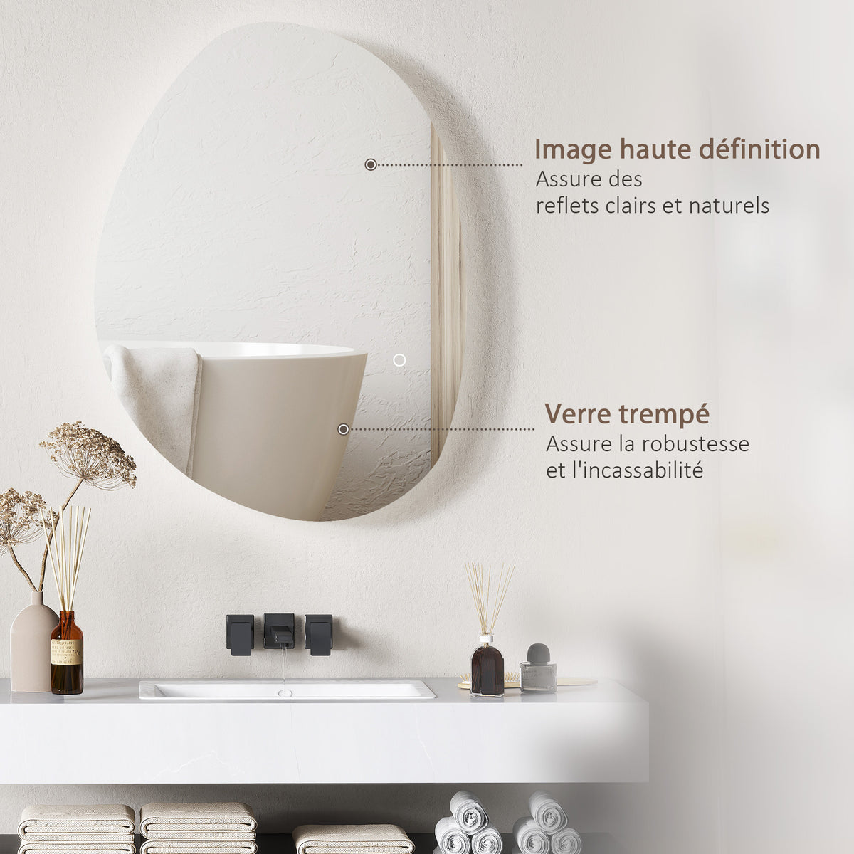 Miroir de Salle de Bain Asymétrique LED 70 x 50 cm - 3 couleurs, anti-buée, montage mural avec interrupteur tactile-5