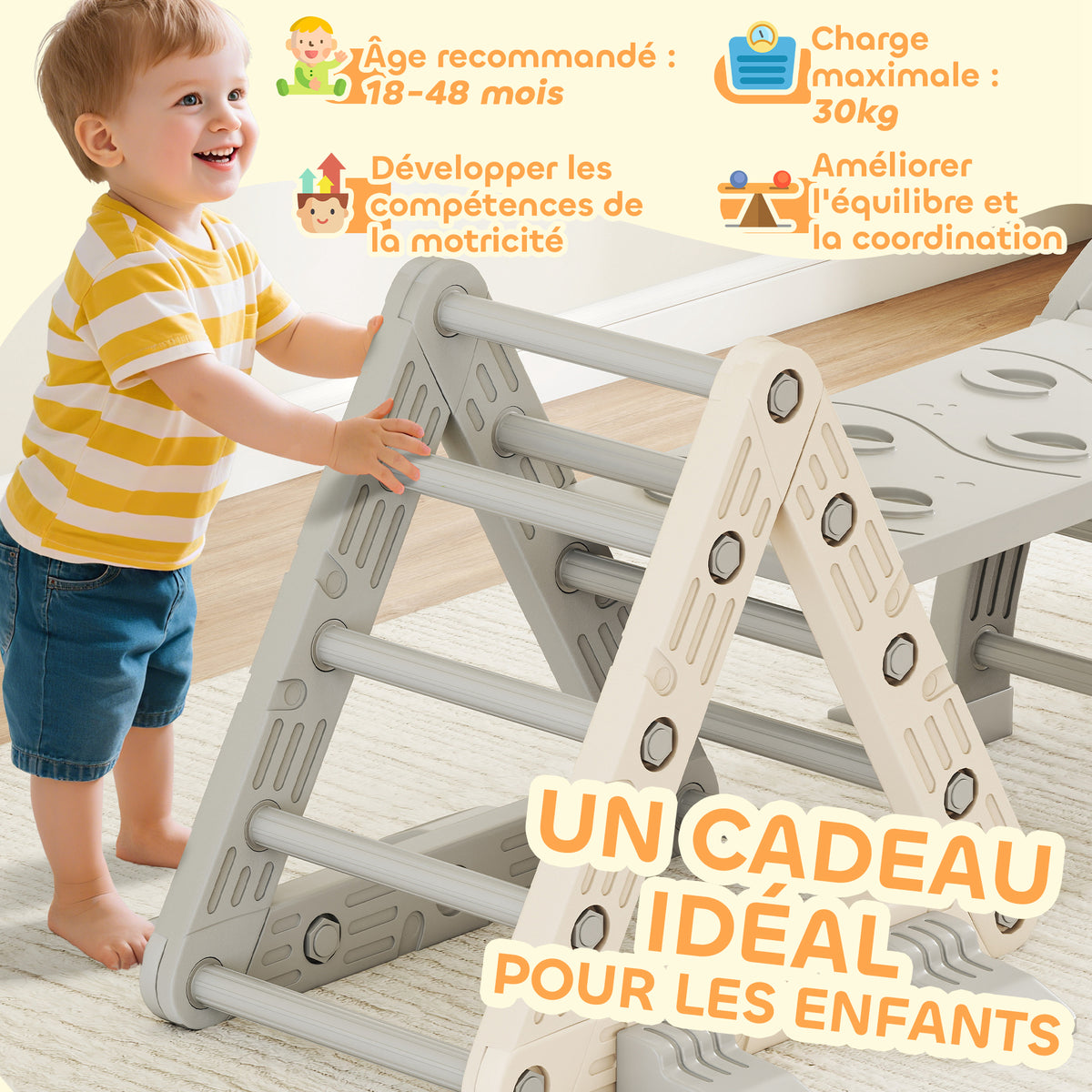 8 en 1 Triangle escalade enfants, arc d'escalade, rampe double-face pour grimper & glisser, 279 x 80 x 69 cm, gris-6
