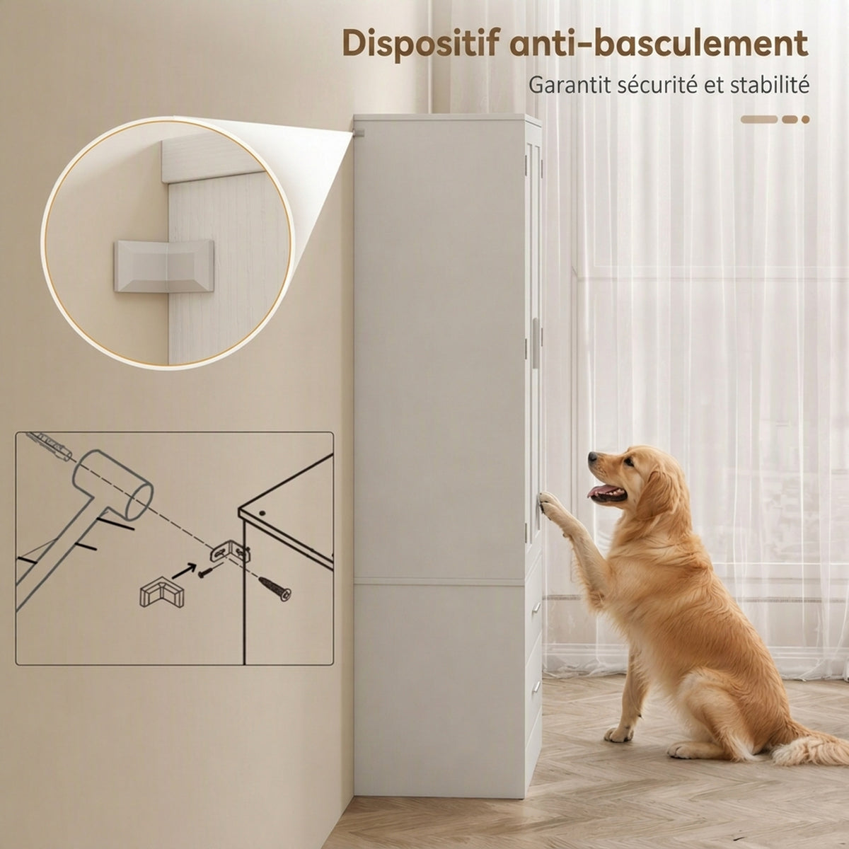 Buffet haut cuisine, armoire de cuisine, 2 portes, 8 porte-épices, 2 tiroirs, étagères réglables, 60x40x159cm, blanc-6