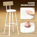Lot de 2 tabourets de bar, chaises de bar, assise rembourrée 75,5H cm, dossier et repose-pieds, bois naturel et blanc-3