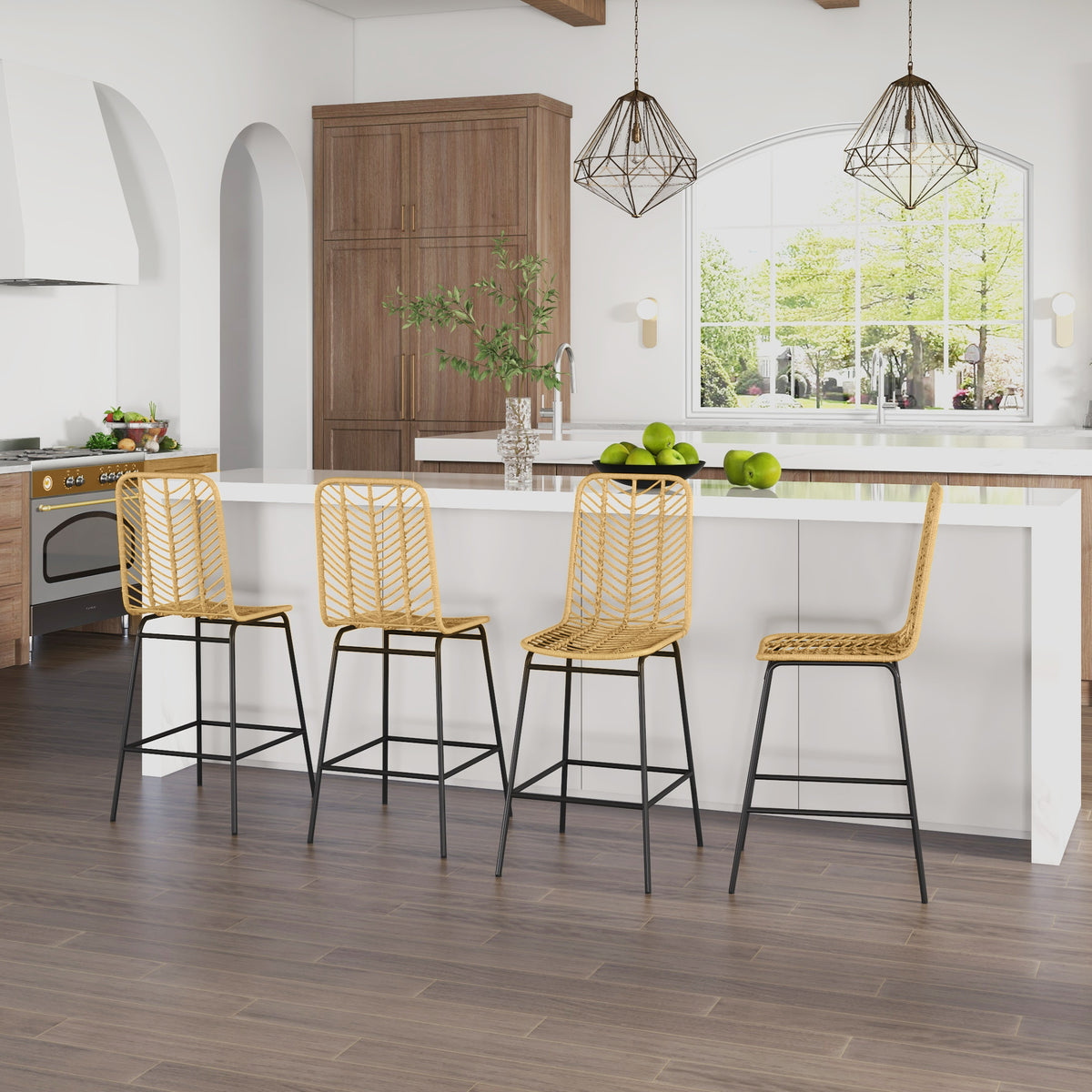 Lot de 4 tabourets de bar, chaises de bar, dossier en cannage et repose-pieds, cadre en acier, 42,5x52x102cm, jaune-9