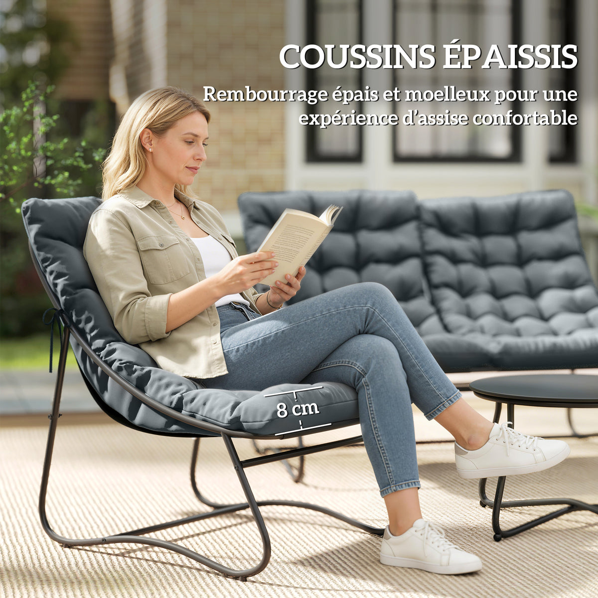 Salon de Jardin 4 Pièces avec Coussins Épais 8cm Ensemble Mobilier Extérieur en Acier et Textilène Respirant Gris-3