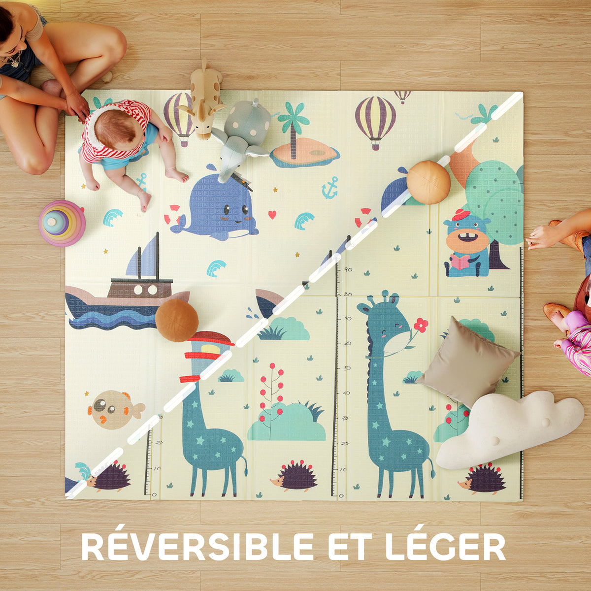 Tapis de jeu pour enfant bebe, tapis d'éveil bébé pliable épais réversible en mousse, 196 x 176 x 1,5 cm, multicolore-3