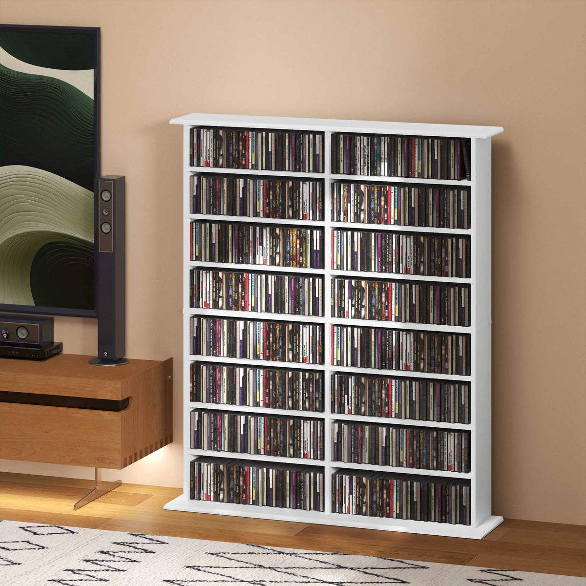 Rangements pour CD et DVD avec 16 compartiments et 12 étagères réglables, capacité max. 720 CD/396 DVD et Blu-ray, blanc-1