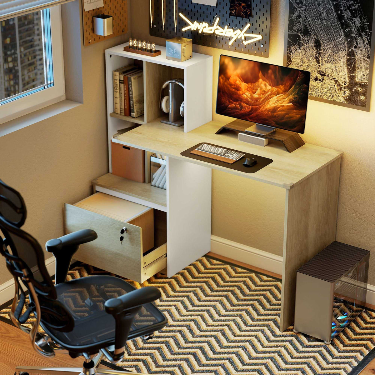 Bureau d'ordinateur avec bibliothèque 4 compartiments et tiroir verrouillable, 126 x 50 x 109 cm, chêne et blanc-1