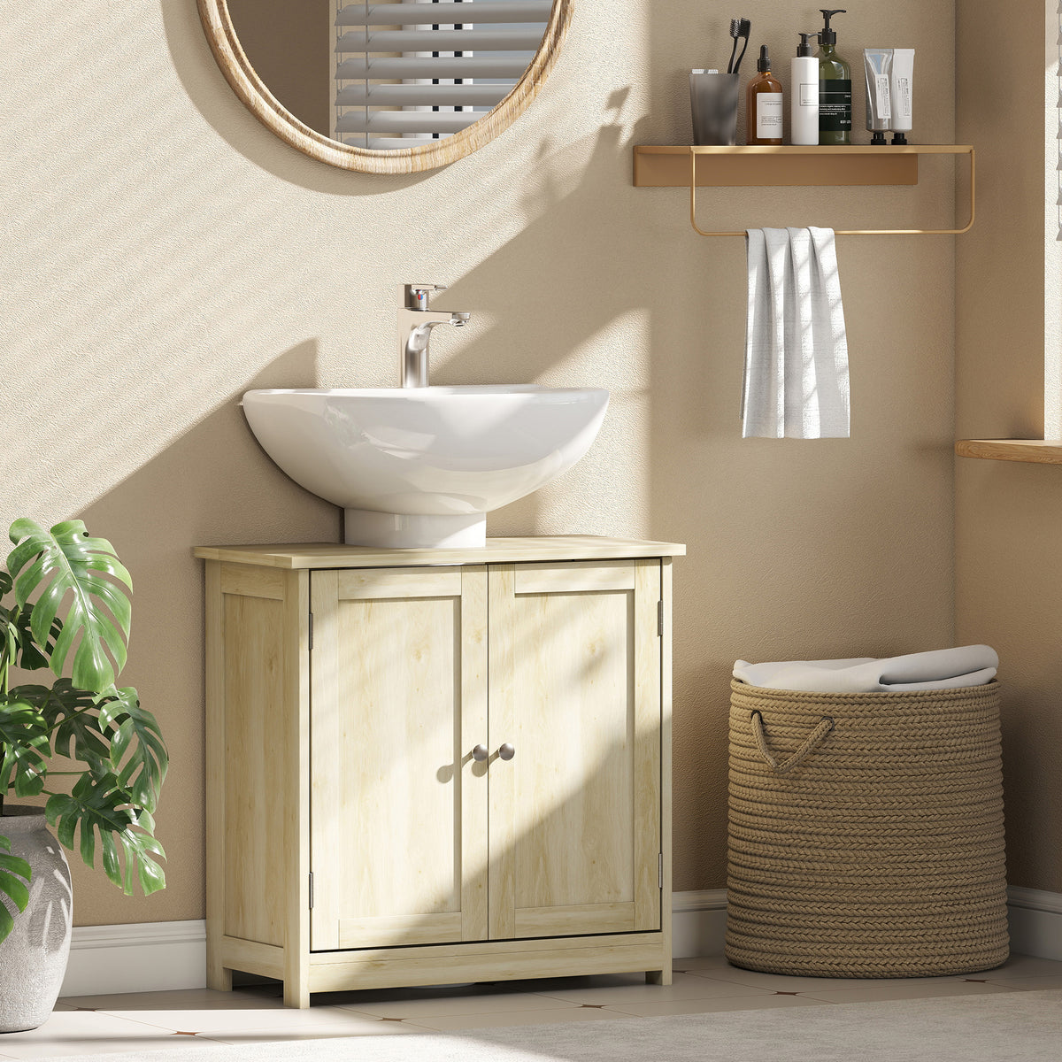 Meuble Salle de Bain sous Lavabo, Meuble sous-Vasque, Placard 2 Portes avec Étagère, 60x30x60cm, Chêne-1