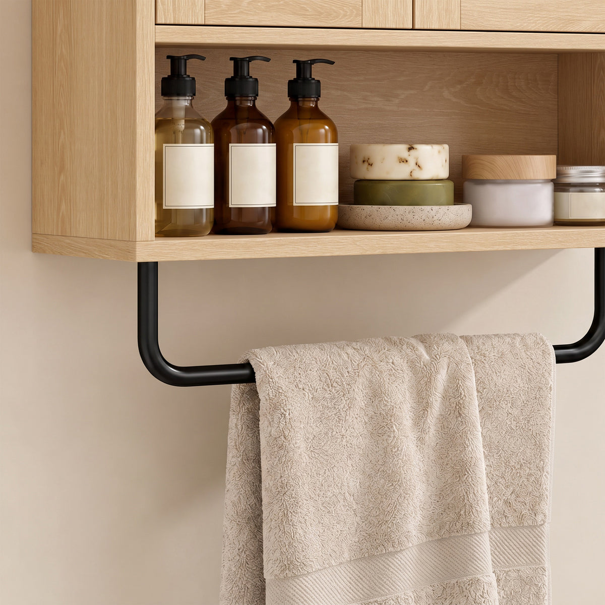 Armoire murale de salle de bain, meuble de rangement suspendu avec 2 portes, étagère ouverte, porte-serviettes, chêne-9