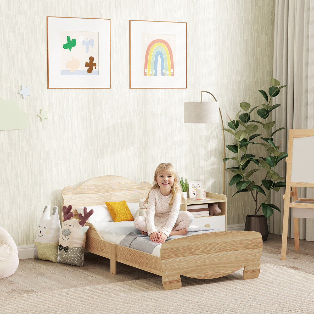 Lit enfant 70x140 cm avec barrières de sécurité thème d'ours pour garçons, filles, âgés de 3 à 6 ans, bois naturel-1