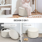 Pouf coffre rangement, tabouret rond, pouf repose-pieds en velours côtelé, charge 120 Kg, Ø 60 x 41 cm, beige-5