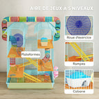 Cage pour hamster souris petit animaux rongeur avec tunnel mangeoire roue jouet 47 x 30 x 59 cm bleu clair-3