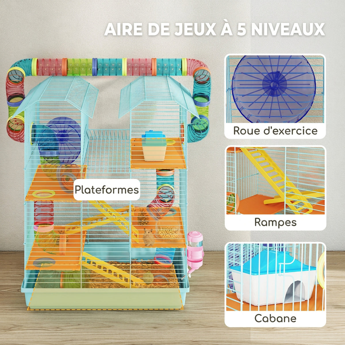 Cage pour hamster souris petit animaux rongeur avec tunnel mangeoire roue jouet 47 x 30 x 59 cm bleu clair-3