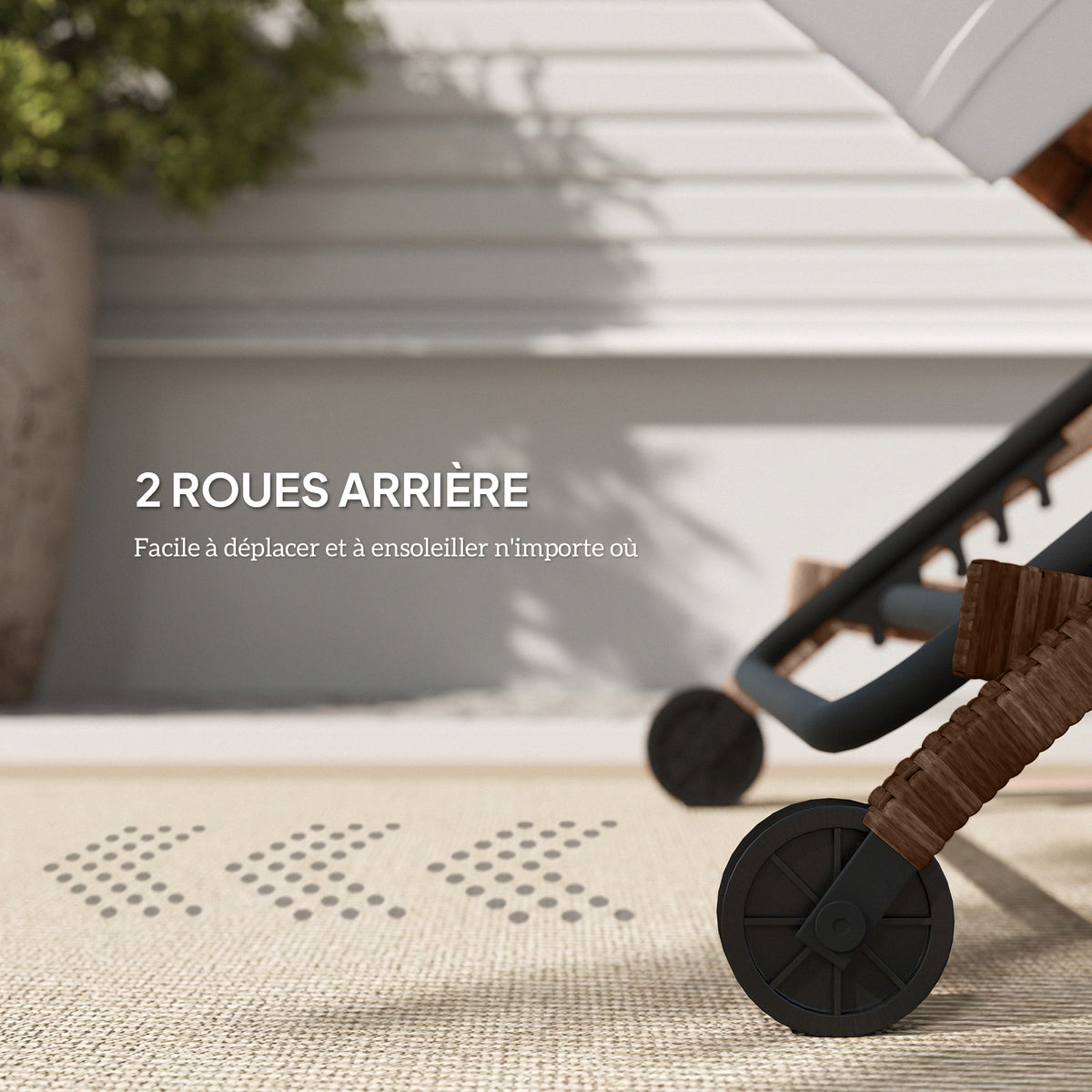 Bain de soleil, chaise longue en résine tressée avec dossier réglable, roulettes, coussin et accoudoirs, marron et beige-4