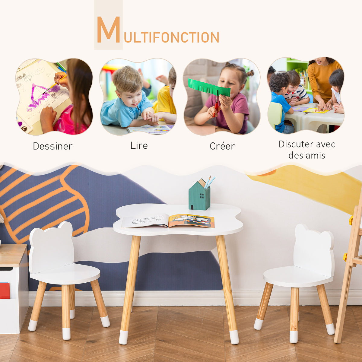 Ensemble table et chaises enfant design scandinave motif ourson bois pin MDF blanc-3