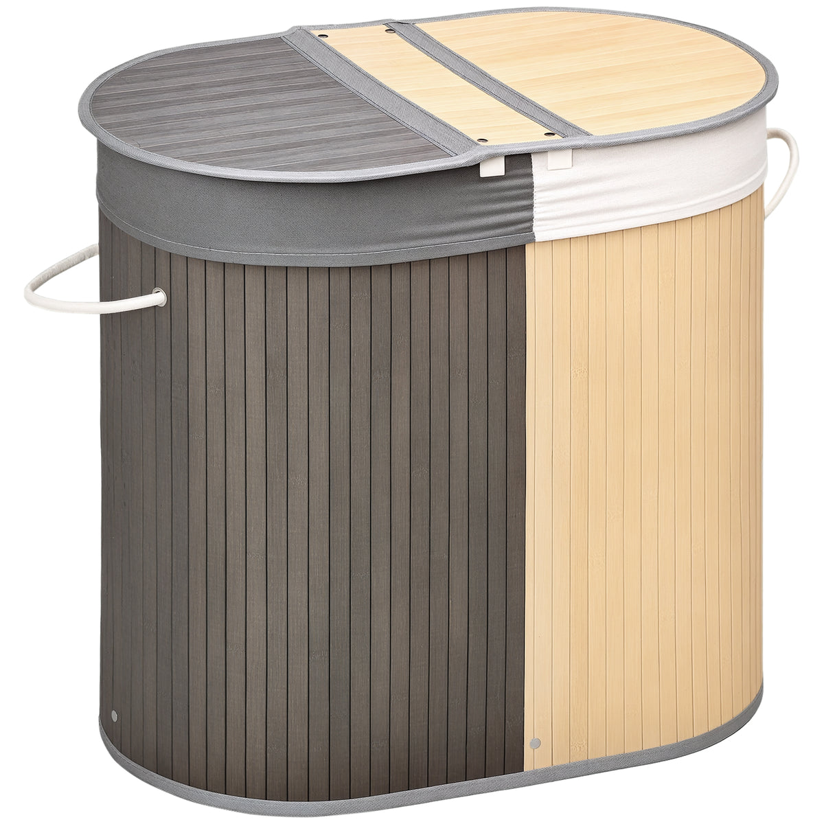 Panier à linge en bambou 100L avec 2 sections couvercle et sac amovible 62,5 x 37 x 60,5 cm - gris-0