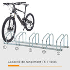 Râtelier 5 vélos range-vélos support de rangement pneu 65 mm sol ou mural pour VTT enfants BMX 145 x 33 x 27 cm acier argent-3