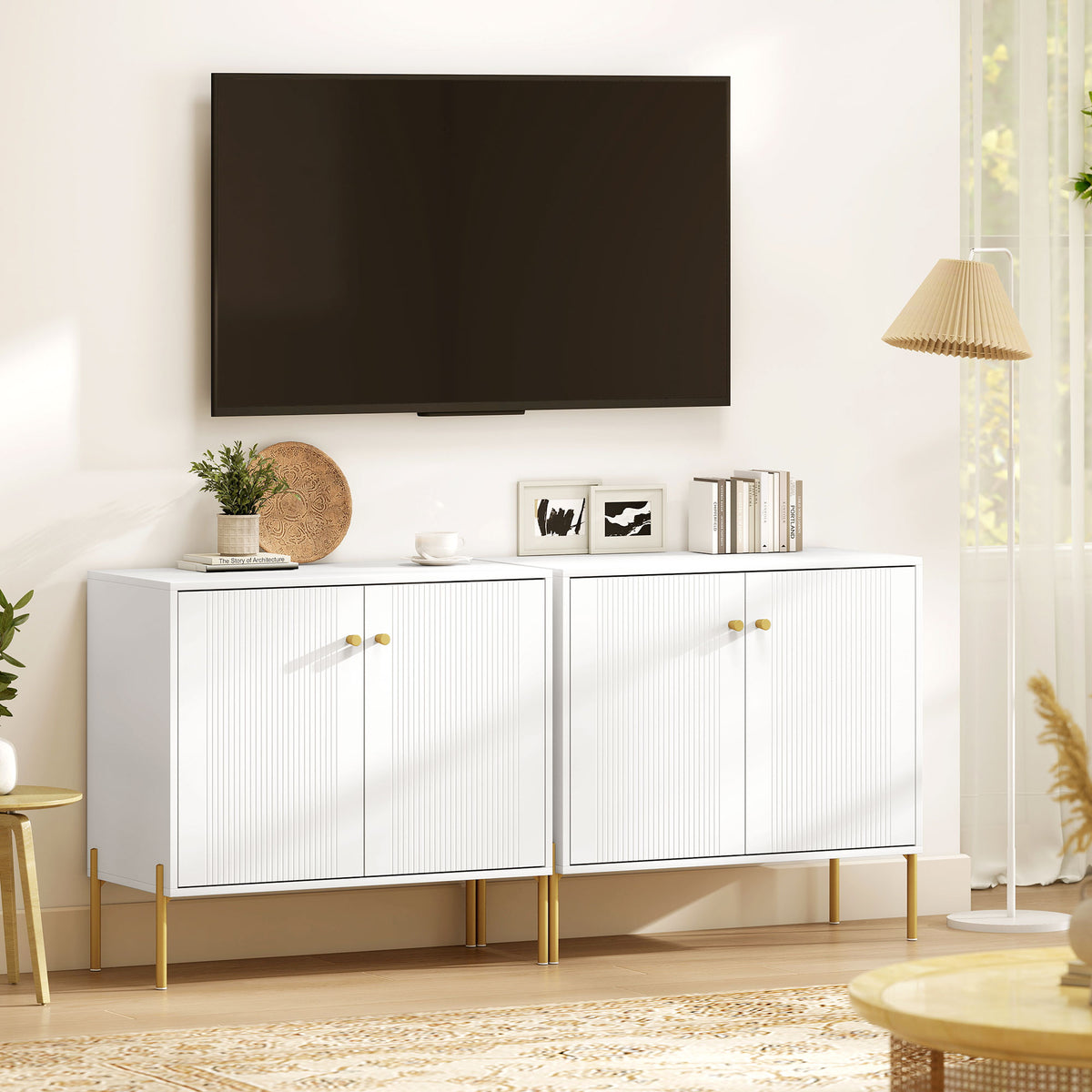 Buffet salon, meuble de rangement avec double porte cannelée, étagère réglable, pieds en acier, 80 x 39,1 x 76 cm, blanc-7