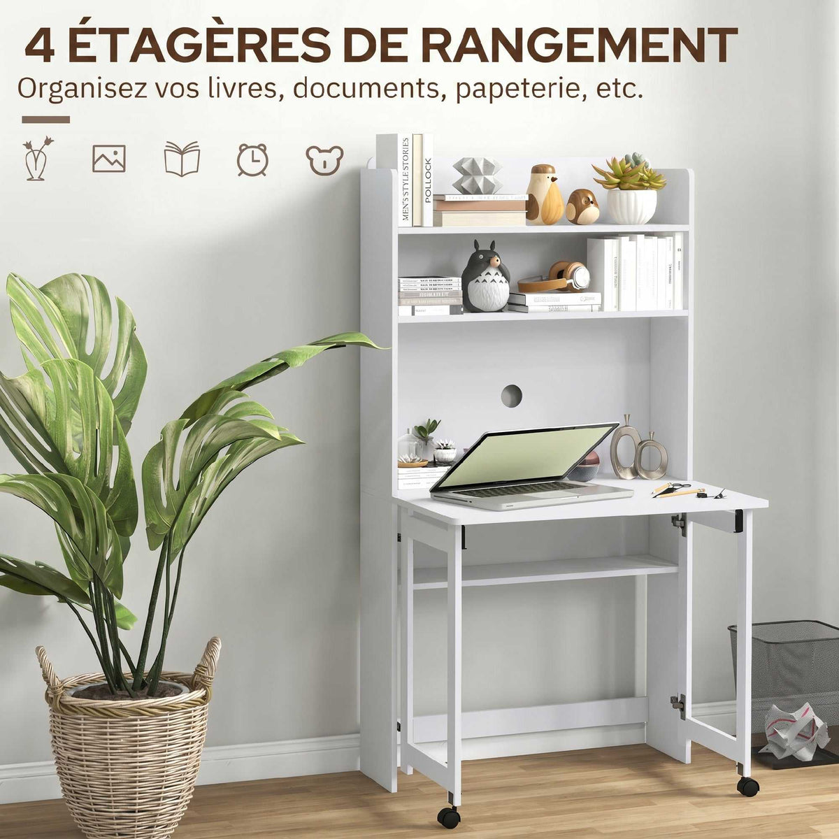 Bureau informatique avec étagères de rangement plateau rabattable 2 roulettes pour chambre salon 80 x 69 x 155 cm blanc-4
