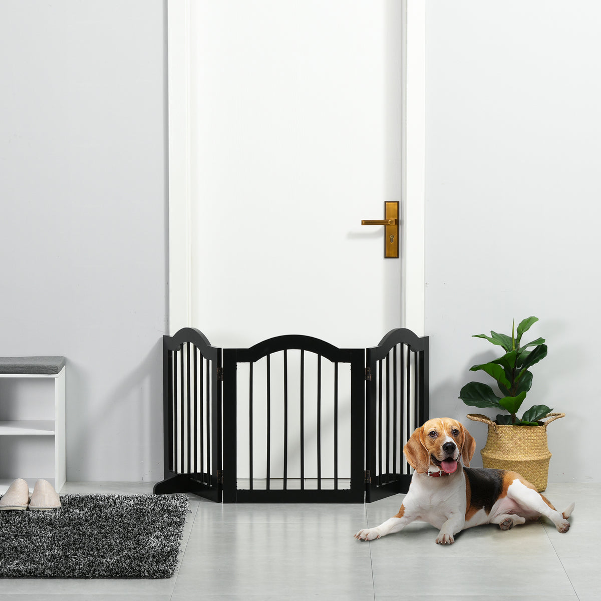 Barrière sécurité chien barrière modulable pliable animaux compagnie pied support MDF bois massif 154,5x61cm noir-1