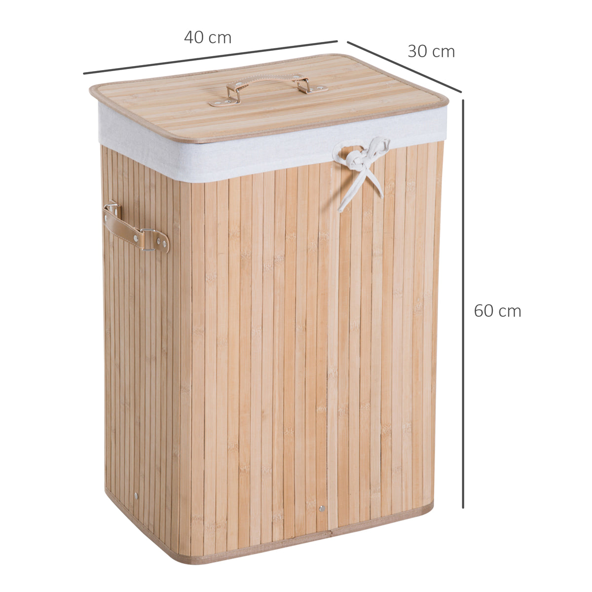 Panier à linge corbeille à linge bac à linge bambou pliable couvercle sac amovible 3 poignées PU 40L x 30l x 60H cm beige-2