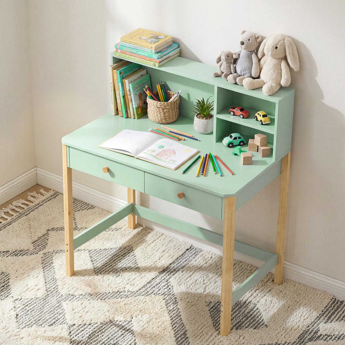 Bureau enfant en bois, bureau avec rangement, 2 tiroirs et 3 compartiments ouverts, plateau large, 90x52x105cm, vert-1