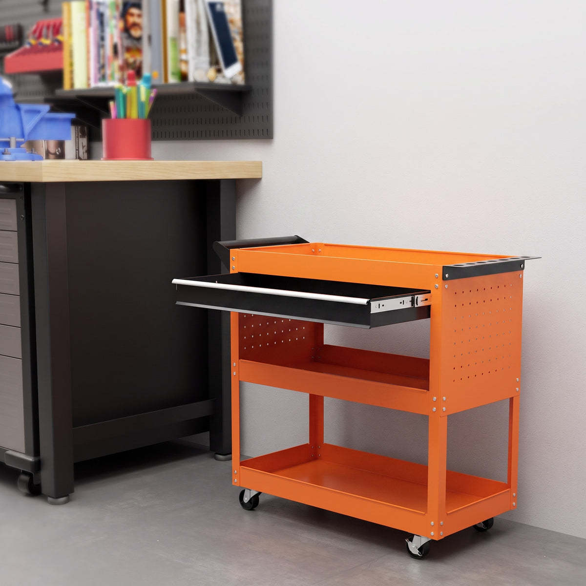 Chariot d'atelier servante atelier à 3 niveaux avec tiroir, porte-outils latéral et poignée, 82x35x76 cm, orange-1