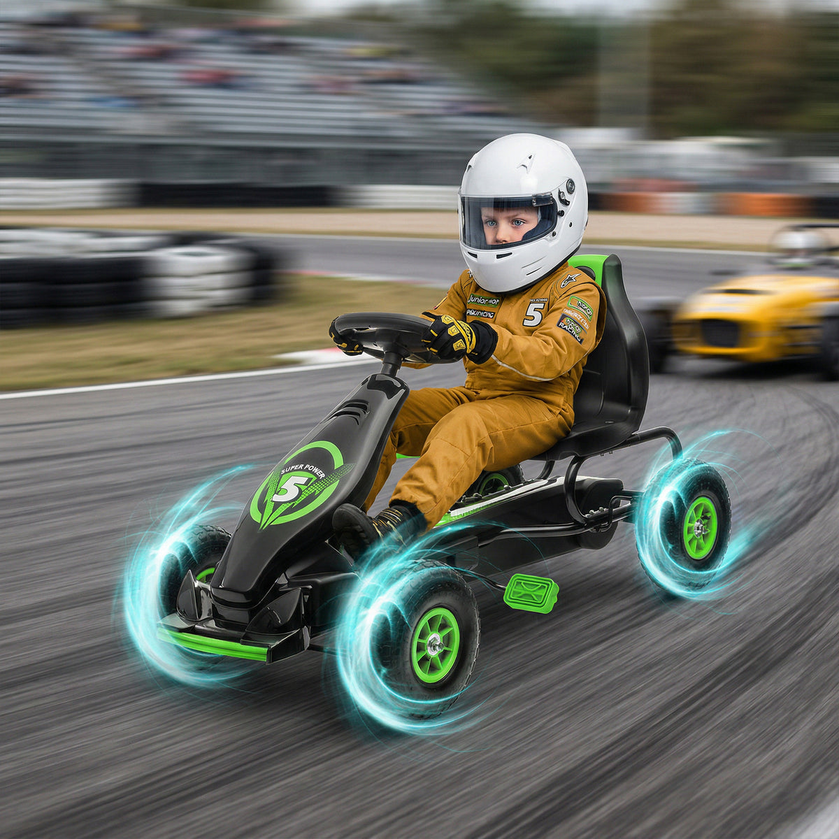 Kart à pédales pour enfant siège réglable 3 positions frein à main enfant de 5 à 12 ans vert noir-1